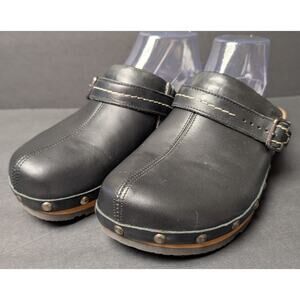 Earth Kalso Black Leather Clogs WOMENS SIZE 9 Wooden Rubber Soles Business Comfy
